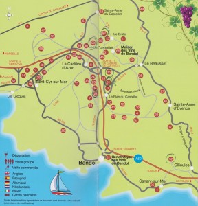 Map of Bandol AOC showing the various properties (red dots)